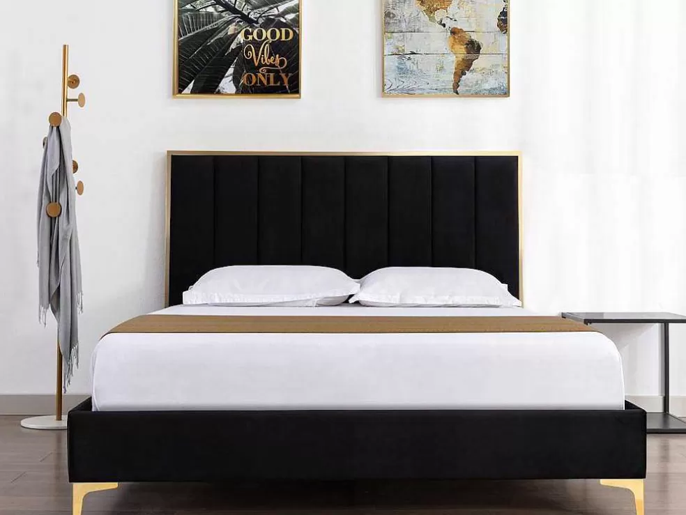 Vente-unique Cama Com Cabeceira De Cama Com Costuras Verticais De 160 X 200 Cm Em Veludo Cor Preto E Dourado - Clarisse* Cama Em Veludo