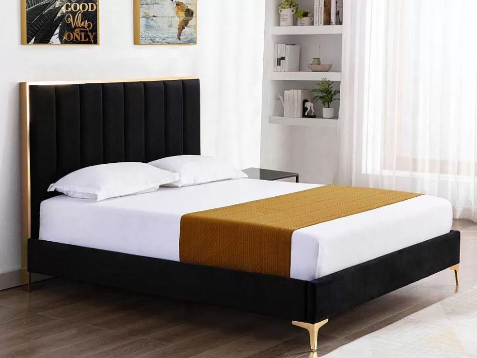 Vente-unique Cama Com Cabeceira De Cama Com Costuras Verticais De 160 X 200 Cm Em Veludo Cor Preto E Dourado - Clarisse* Cama Em Veludo