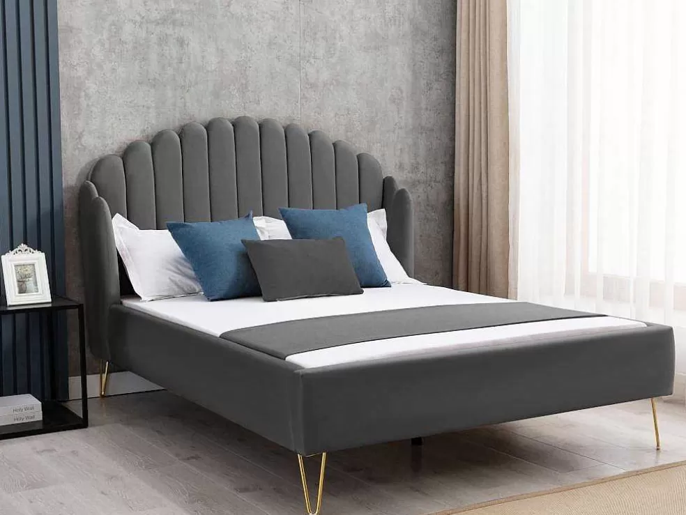 Vente-unique Cama Com Cabeceira De Cama Ondulada De 160 X 200 Cm Em Veludo Cor Cinza - Sagali* Cama Em Veludo