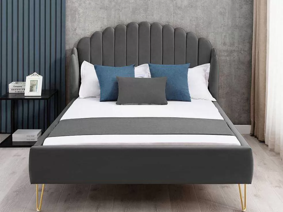 Vente-unique Cama Com Cabeceira De Cama Ondulada De 160 X 200 Cm Em Veludo Cor Cinza - Sagali* Cama Em Veludo
