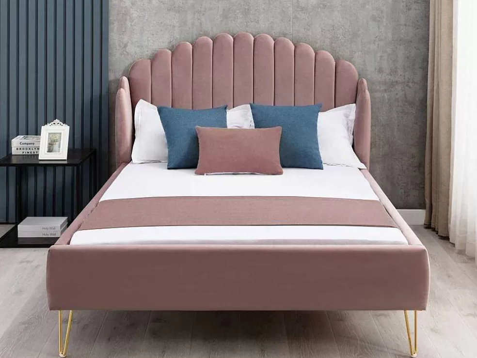Vente-unique Cama Com Cabeceira De Cama Ondulada De 140 X 190 Cm Em Veludo Cor-De-Rosa Velho - Sagali* Cama Em Veludo