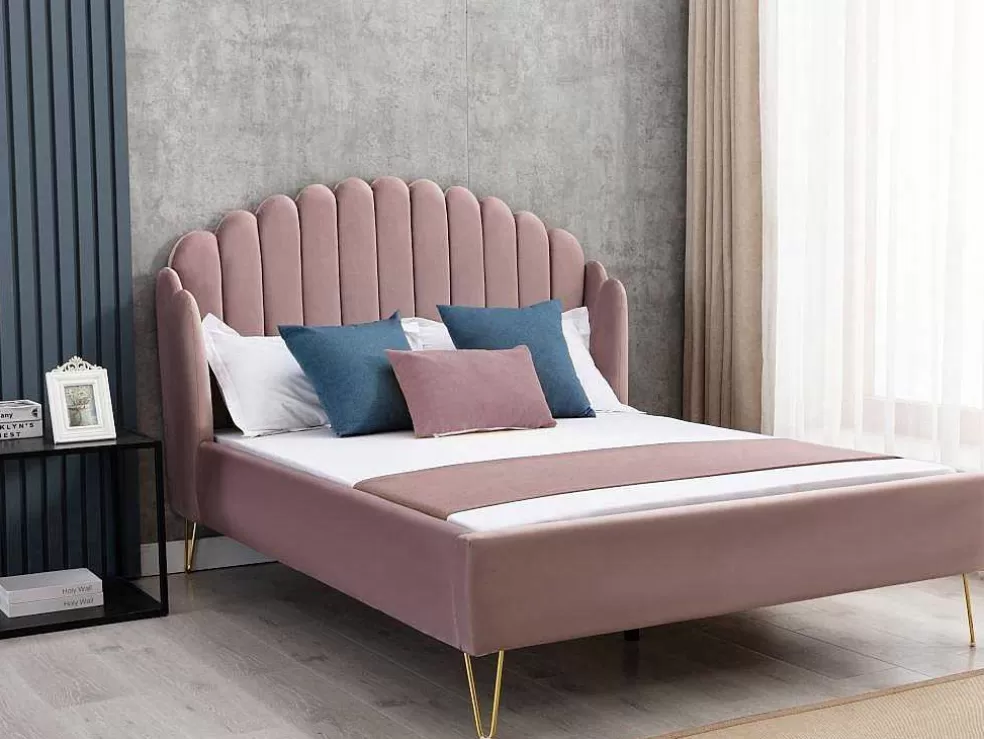 Vente-unique Cama Com Cabeceira De Cama Ondulada De 140 X 190 Cm Em Veludo Cor-De-Rosa Velho - Sagali* Cama Em Veludo