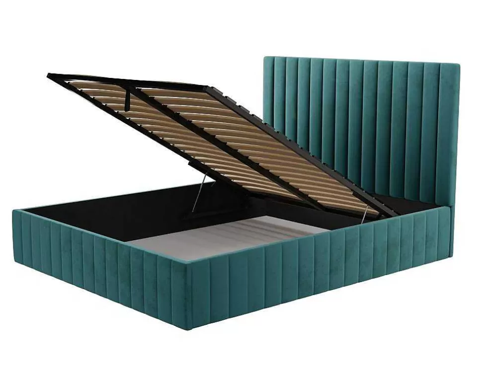 Vente-unique Cama Com Espaco De Arrumação 180 X 200 Cm Com Cabeceira De Cama Costuras Verticais Veludo Azul-Esverdeado + Colchão - Larali* Cama Em Veludo