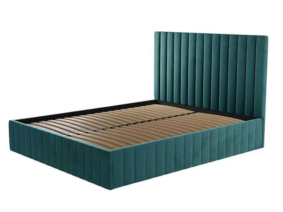 Vente-unique Cama Com Espaco De Arrumação 160 X 200 Cm Com Cabeceira De Cama Costuras Verticais Veludo Azul-Esverdeado + Colchão - Larali* Cama Em Veludo