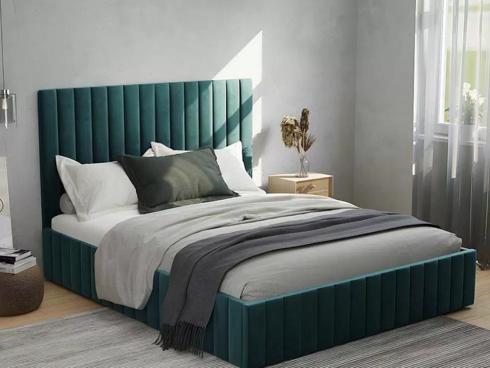 Vente-unique Cama Com Espaco De Arrumação 180 X 200 Cm Com Cabeceira De Cama Costuras Verticais Veludo Azul-Esverdeado + Colchão - Larali* Cama Em Veludo
