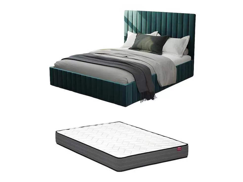 Vente-unique Cama Com Espaco De Arrumação 160 X 200 Cm Com Cabeceira De Cama Costuras Verticais Veludo Azul-Esverdeado + Colchão - Larali* Cama Em Veludo