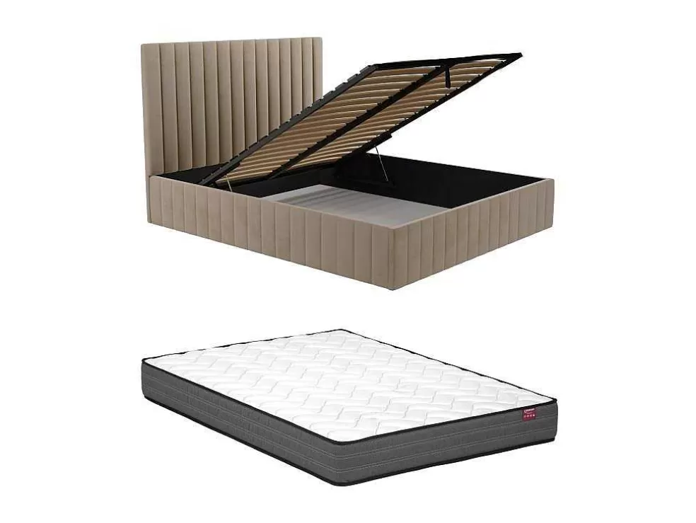 Vente-unique Cama Com Espaco De Arrumação 160 X 200 Cm Com Cabeceira De Cama Costuras Verticais Veludo Taupe + Colchão - Larali* Cama Em Veludo