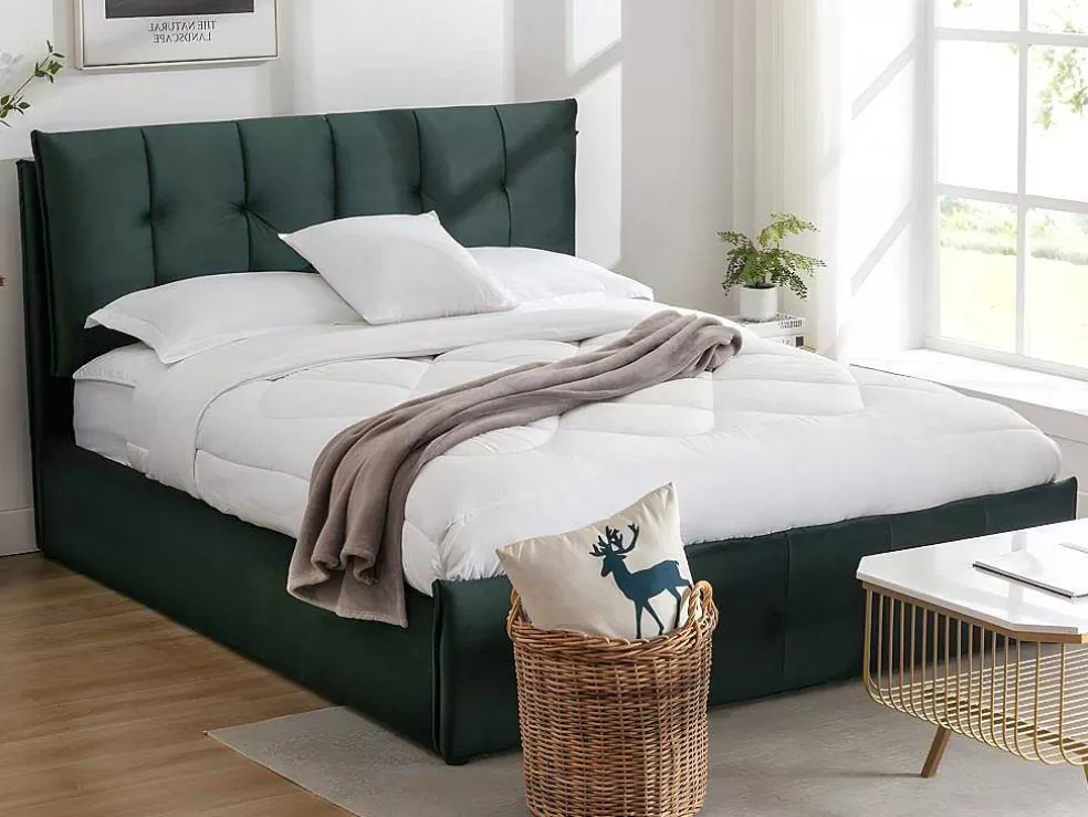 Vente-unique Cama Com Espaco De Arrumação 140 X 200 Cm Veludo Verde + Colchão - Oleria* Cama Em Veludo