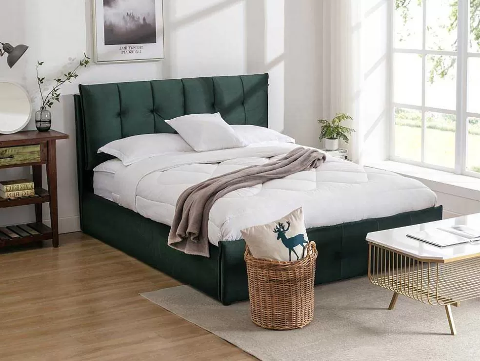 Vente-unique Cama Com Espaco De Arrumação 140 X 200 Cm Veludo Verde + Colchão - Oleria* Cama Em Veludo