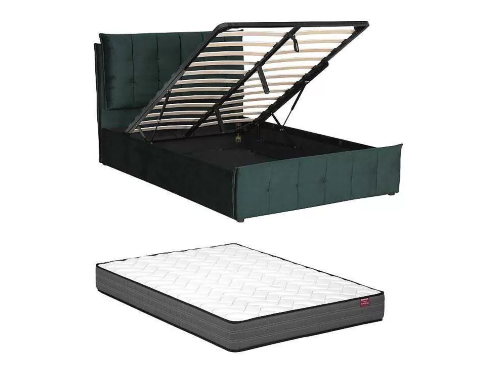 Vente-unique Cama Com Espaco De Arrumação 140 X 200 Cm Veludo Verde + Colchão - Oleria* Cama Em Veludo