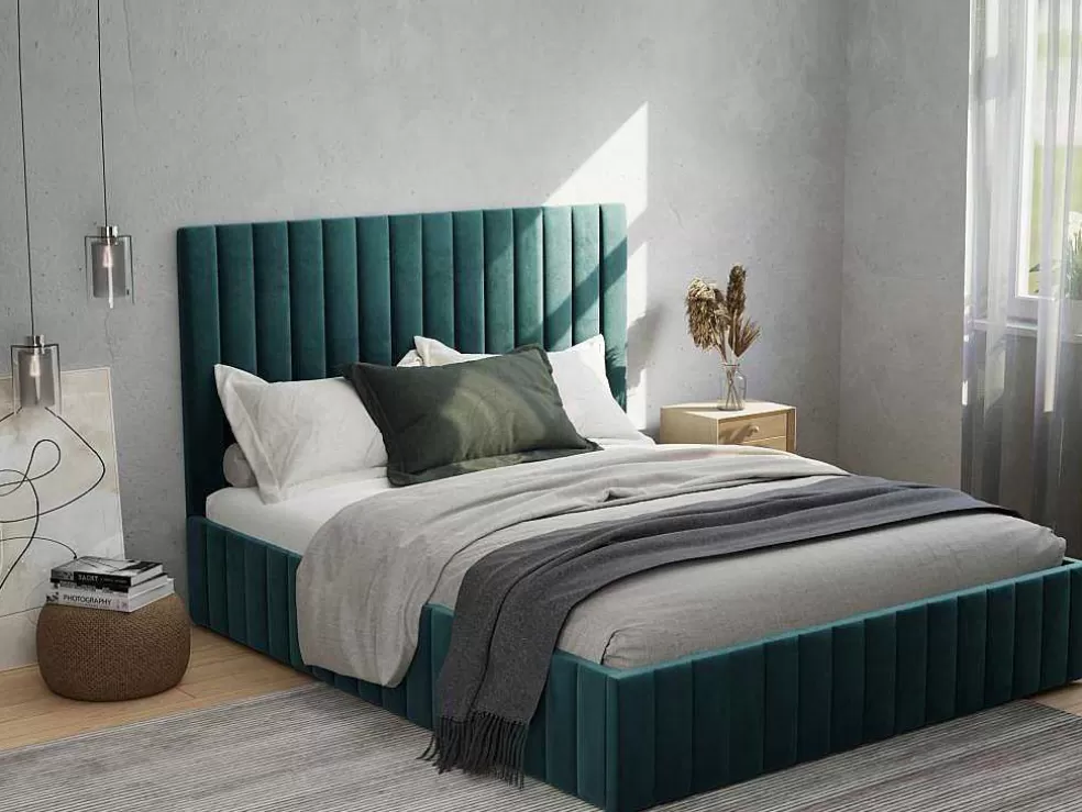 PASCAL MORABITO Cama Com Espaco De Arrumação Com Cabeceira De Cama E Costuras Verticais 160 X 200 Cm Veludo Azul-Esverdeado - Larali* Cama De Adulto