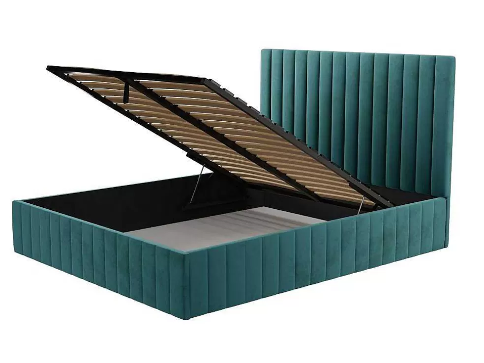 PASCAL MORABITO Cama Com Espaco De Arrumação Com Cabeceira De Cama E Costuras Verticais 160 X 200 Cm Veludo Azul-Esverdeado - Larali* Cama De Adulto