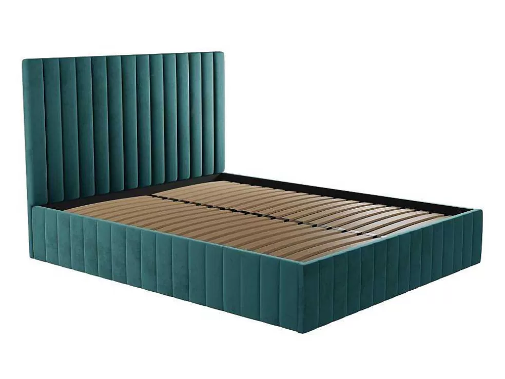 PASCAL MORABITO Cama Com Espaco De Arrumação Com Cabeceira De Cama E Costuras Verticais 160 X 200 Cm Veludo Azul-Esverdeado - Larali* Cama De Adulto