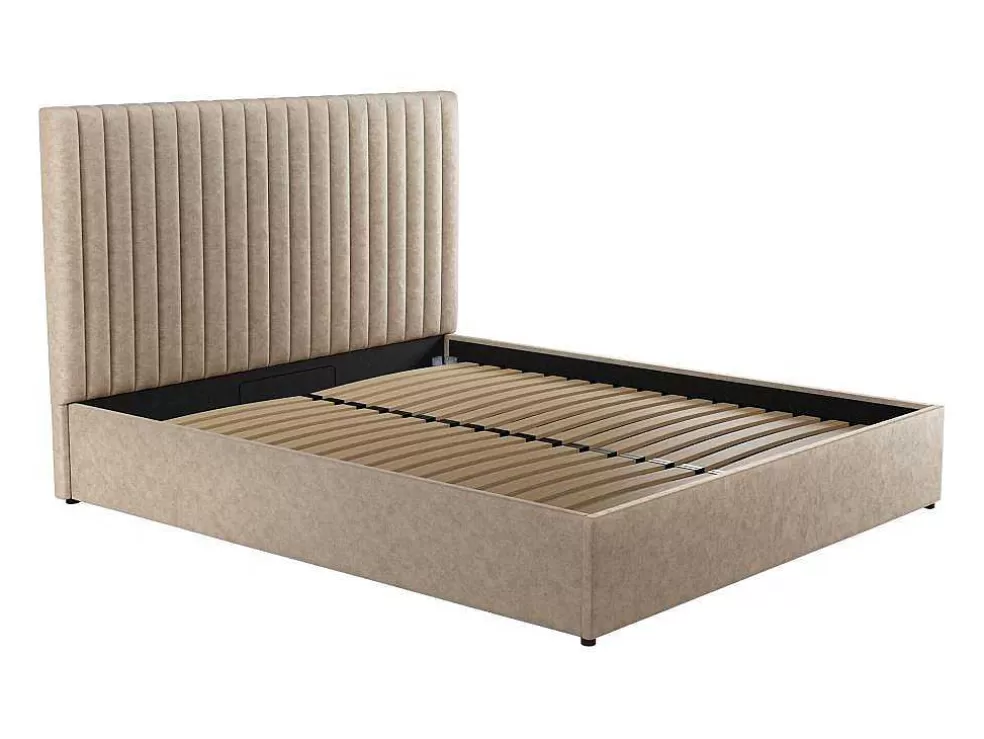 Vente-unique Cama Com Espaco De Arrumação E Cabeceira De Cama Com Costuras Verticais 180 X 200 Cm Tecido Bege - Sarah* Cama Com Arrumação