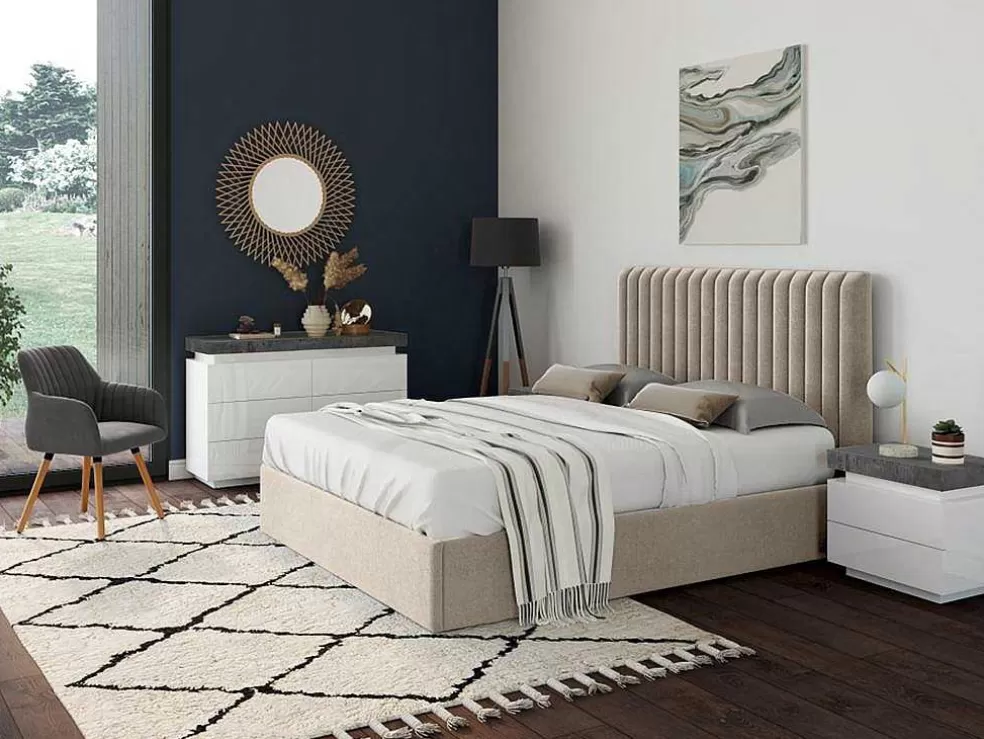 Vente-unique Cama Com Espaco De Arrumação E Cabeceira De Cama Com Costuras Verticais 180 X 200 Cm Tecido Bege - Sarah* Cama Com Arrumação
