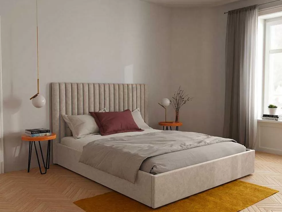 Vente-unique Cama Com Espaco De Arrumação E Cabeceira De Cama Com Costuras Verticais 180 X 200 Cm Tecido Bege - Sarah* Cama Com Arrumação