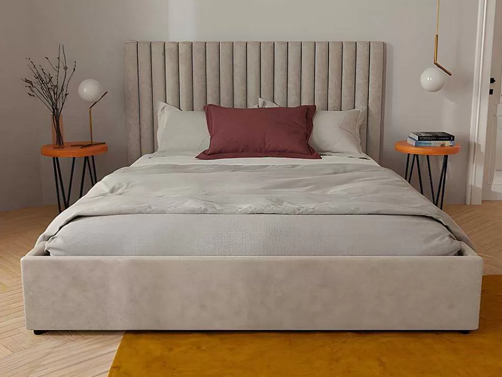 Vente-unique Cama Com Espaco De Arrumação E Cabeceira De Cama Com Costuras Verticais 180 X 200 Cm Tecido Bege - Sarah* Cama Com Arrumação