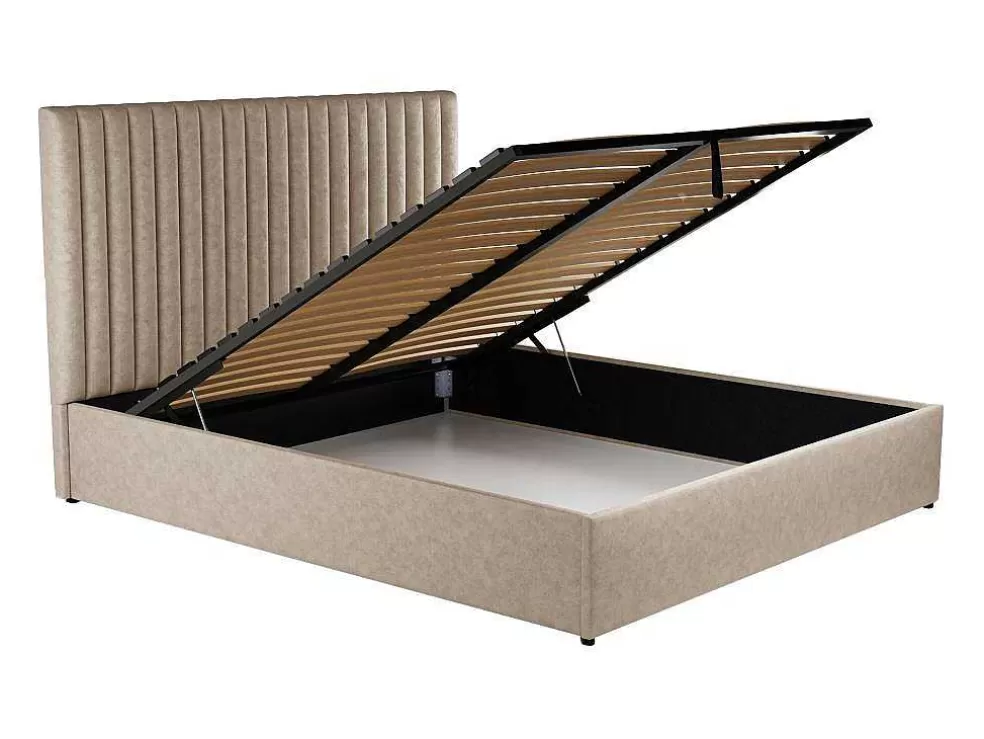Vente-unique Cama Com Espaco De Arrumação E Cabeceira De Cama Com Costuras Verticais 180 X 200 Cm Tecido Bege - Sarah* Cama Com Arrumação