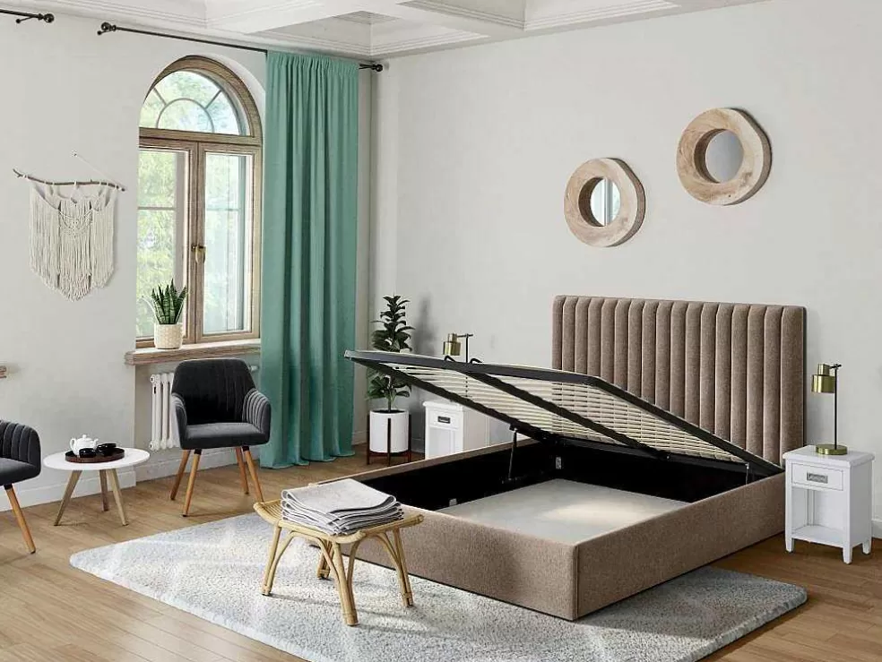 Vente-unique Cama Com Espaco De Arrumação E Cabeceira De Cama Com Costuras Verticais 180 X 200 Cm Tecido Bege - Sarah* Cama Com Arrumação