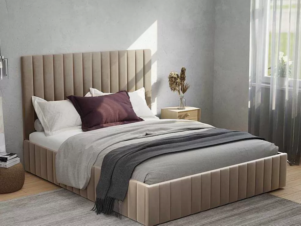 PASCAL MORABITO Cama Com Espaco De Arrumação E Cabeceira De Cama Com Costuras Verticais De 140 X 190 Cm Em Veludo Cor Taupe - Larali* Cama Em Veludo