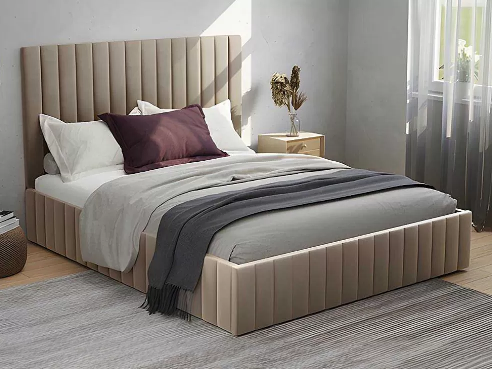 PASCAL MORABITO Cama Com Espaco De Arrumação E Cabeceira De Cama Com Costuras Verticais De 180 X 200 Cm Em Veludo Cor Taupe - Larali* Cama Em Veludo