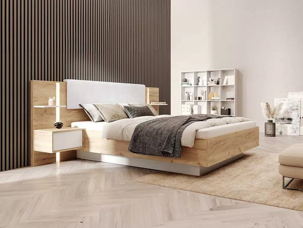 Vente-unique Cama Com Espaco De Arrumação E Mesas De Cabeceira 160X200 Cm, Com Leds, Cor Natural E Branco - Elynia* Cama De Adulto
