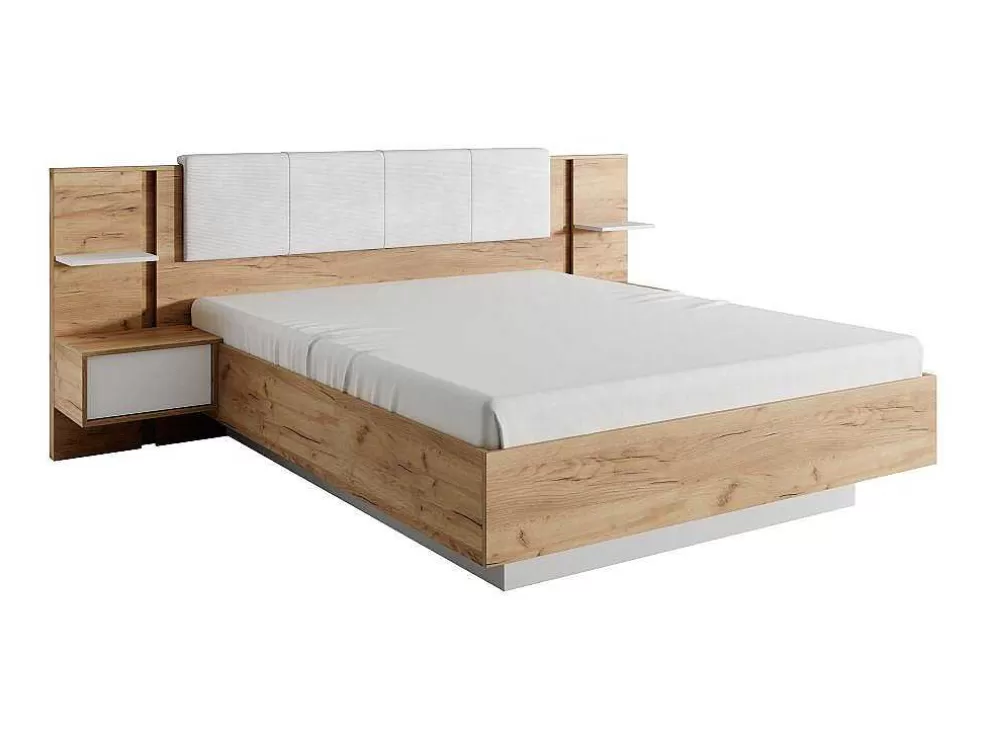 Vente-unique Cama Com Espaco De Arrumação E Mesas De Cabeceira 160X200 Cm, Com Leds, Cor Natural E Branco - Elynia* Cama De Adulto