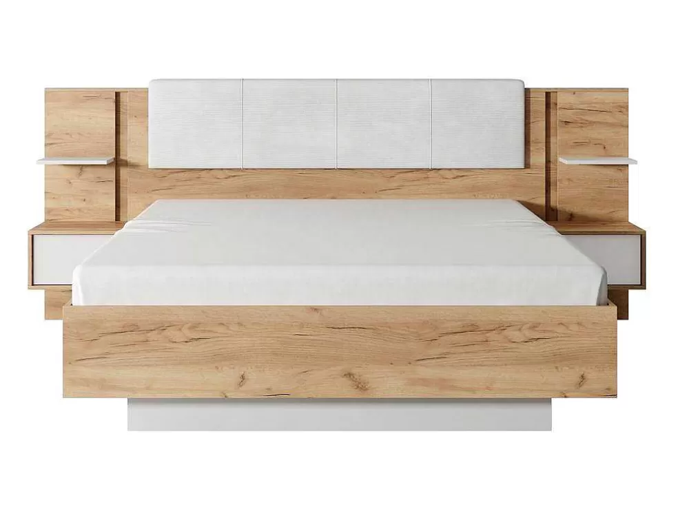 Vente-unique Cama Com Espaco De Arrumação E Mesas De Cabeceira 160X200 Cm, Com Leds, Cor Natural E Branco - Elynia* Cama De Adulto