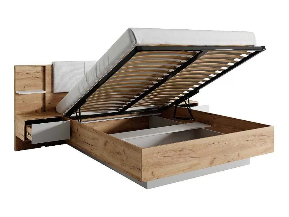 Vente-unique Cama Com Espaco De Arrumação E Mesas De Cabeceira 160X200 Cm, Com Leds, Cor Natural E Branco - Elynia* Cama De Adulto
