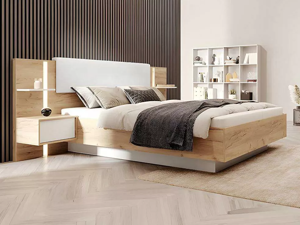 Vente-unique Cama Com Espaco De Arrumação E Mesas De Cabeceira 160X200 Cm, Com Leds, Cor Natural E Branco - Elynia* Cama De Adulto