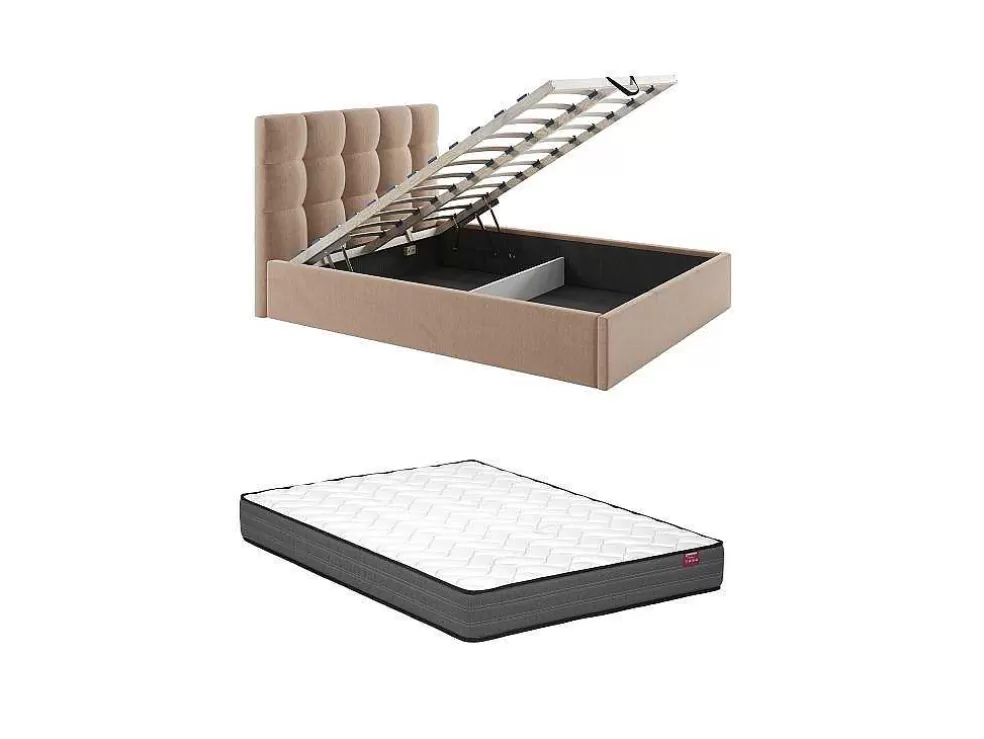 PASCAL MORABITO Cama Com Espaco De Arrumação 140X190 Cm Veludo Bege + Colchão - Mirdal De * Cama Em Veludo