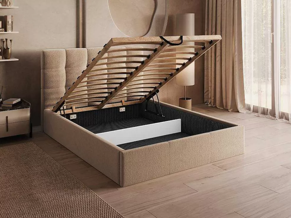 PASCAL MORABITO Cama Com Espaco De Arrumação 140X190 Cm Veludo Bege + Colchão - Mirdal De * Cama Em Veludo