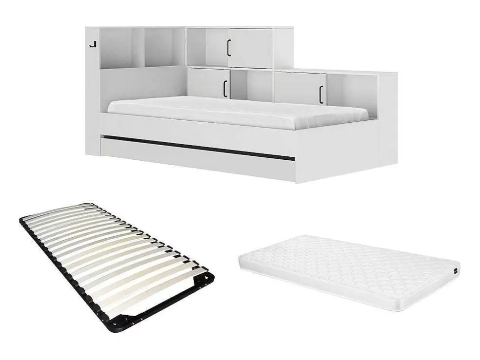 Vente-unique Cama Com Espacos De Arrumação E Gaveta 90X200 Cm Branco + Sommier + Colchão - Armand* Cama De Adulto