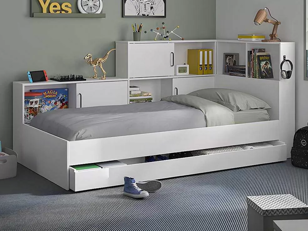 Vente-unique Cama Com Espacos De Arrumação E Gaveta 90X200 Cm Branco + Sommier + Colchão - Armand* Cama De Adulto