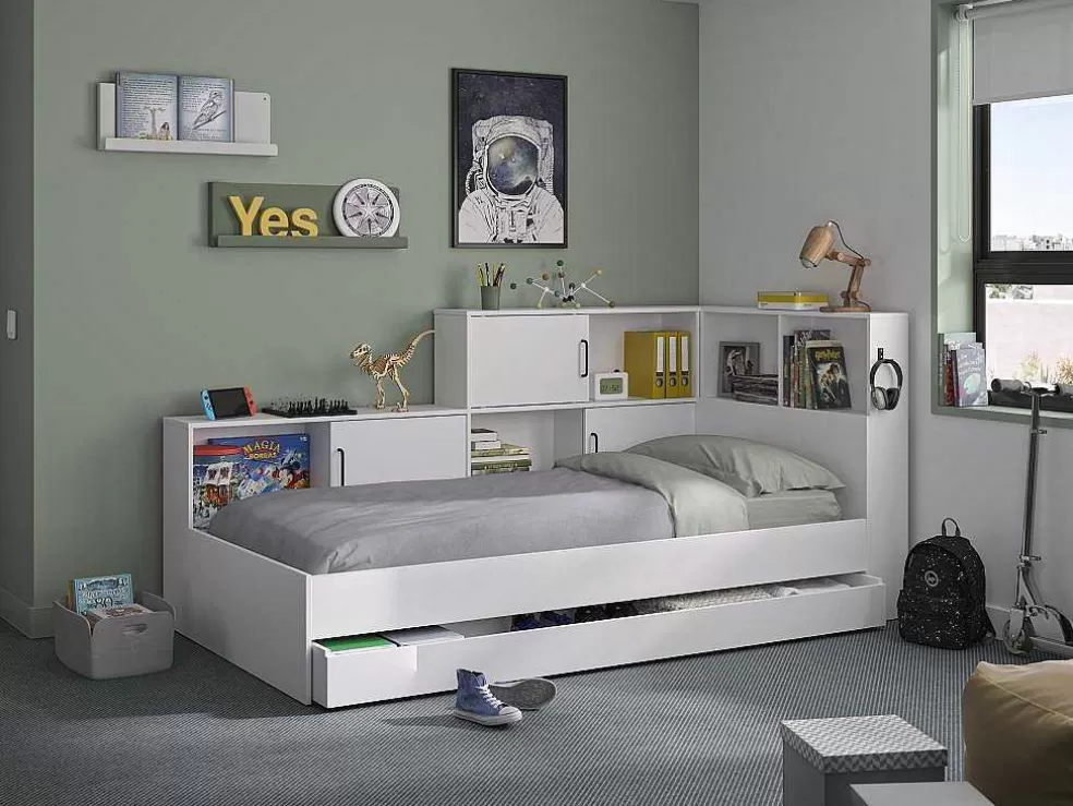 Vente-unique Cama Com Espacos De Arrumação E Gaveta 90X200 Cm Branco + Sommier + Colchão - Armand* Cama De Adulto