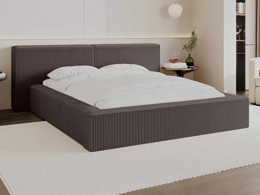 PASCAL MORABITO Cama Com Gaveta 180 X 200 Cm Veludo Canelado Taupe + Colchão - Timano* Cama Em Veludo