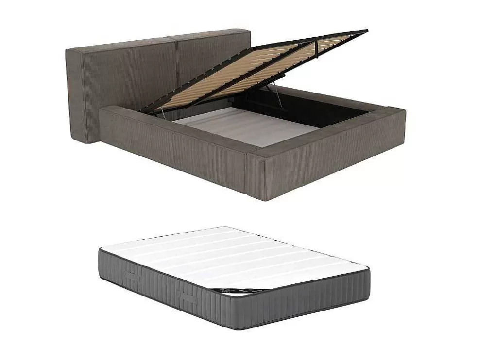 PASCAL MORABITO Cama Com Gaveta 180 X 200 Cm Veludo Canelado Taupe + Colchão - Timano* Cama Em Veludo