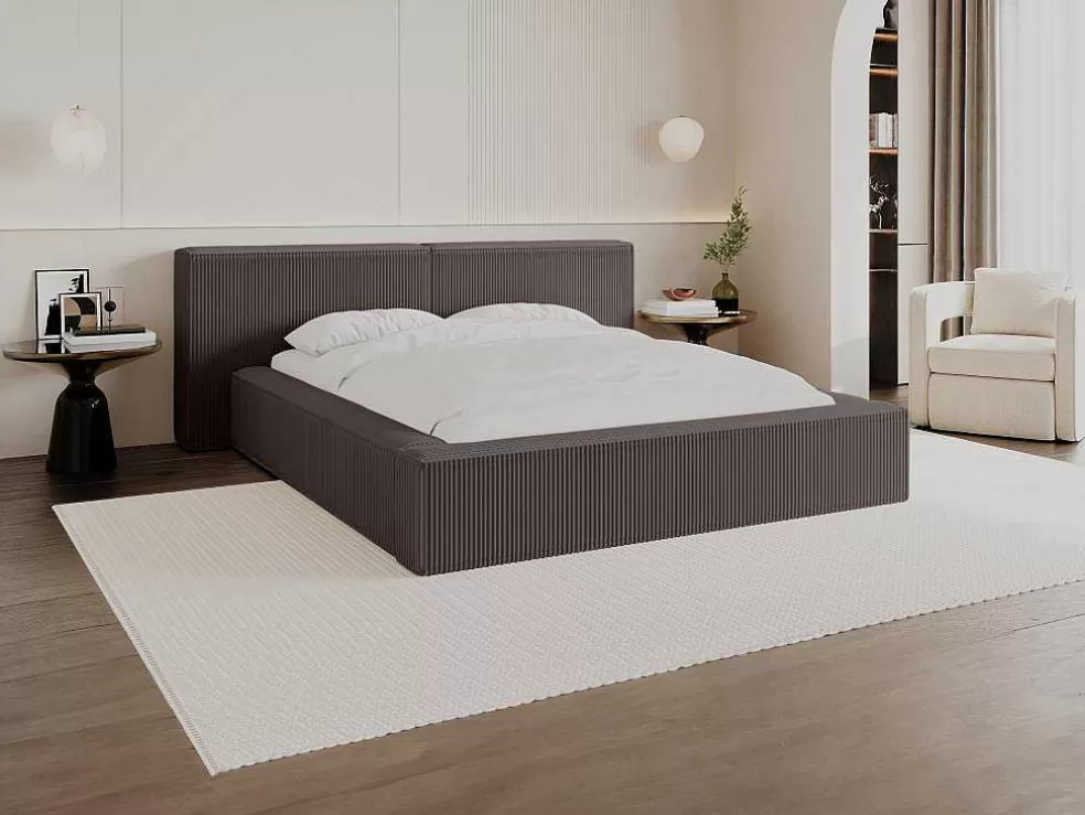 PASCAL MORABITO Cama Com Gaveta 180 X 200 Cm Veludo Canelado Taupe + Colchão - Timano* Cama Em Veludo