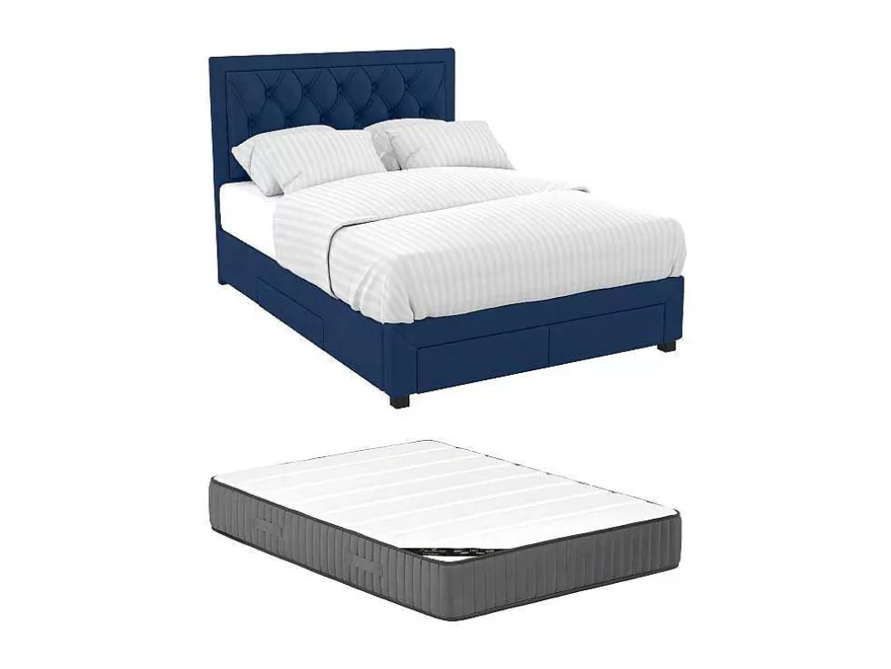 Vente-unique Cama Com Gavetas 180 X 200 Cm Tecido Veludo Azul + Colchão - Leopold* Cama Em Veludo