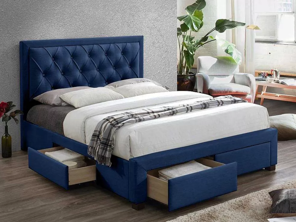 Vente-unique Cama Com Gavetas 180 X 200 Cm Tecido Veludo Azul + Colchão - Leopold* Cama Em Veludo