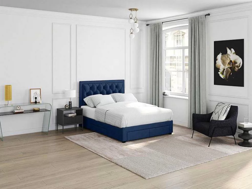 Vente-unique Cama Com Gavetas 180 X 200 Cm Tecido Veludo Azul + Colchão - Leopold* Cama Em Veludo