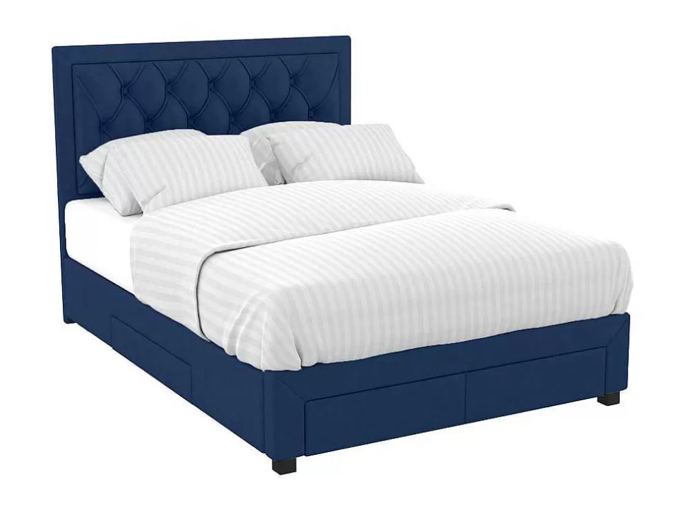 Vente-unique Cama Com Gavetas 180 X 200 Cm Tecido Veludo Azul + Colchão - Leopold* Cama Em Veludo