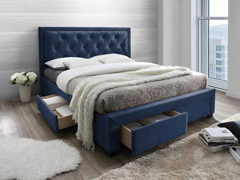 Vente-unique Cama Com Gavetas 180 X 200 Cm Tecido Veludo Azul + Colchão - Leopold* Cama Em Veludo