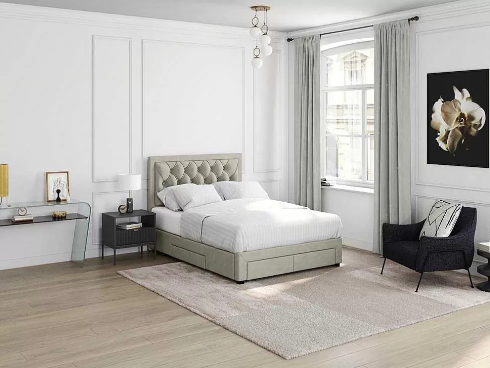 Vente-unique Cama Com Gavetas 140 X 200 Cm Tecido Veludo Champagne + Colchão - Leopold* Cama Em Veludo