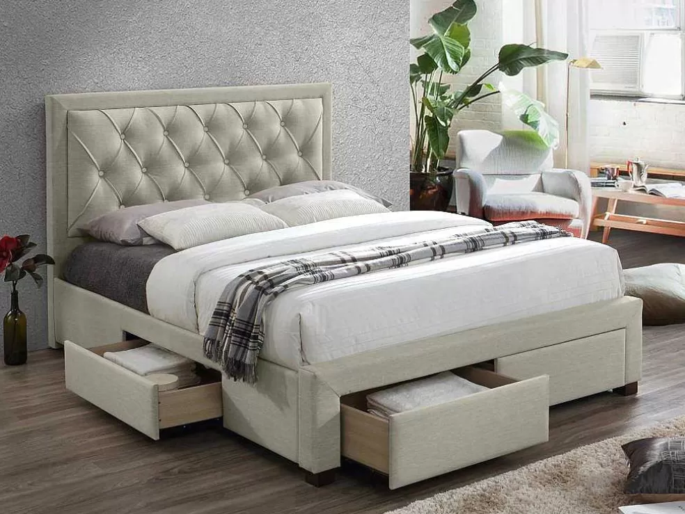 Vente-unique Cama Com Gavetas 180 X 200 Cm Tecido Veludo Champagne + Colchão - Leopold* Cama Em Veludo