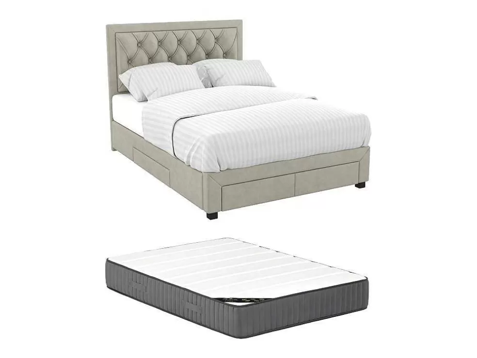 Vente-unique Cama Com Gavetas 140 X 200 Cm Tecido Veludo Champagne + Colchão - Leopold* Cama Em Veludo