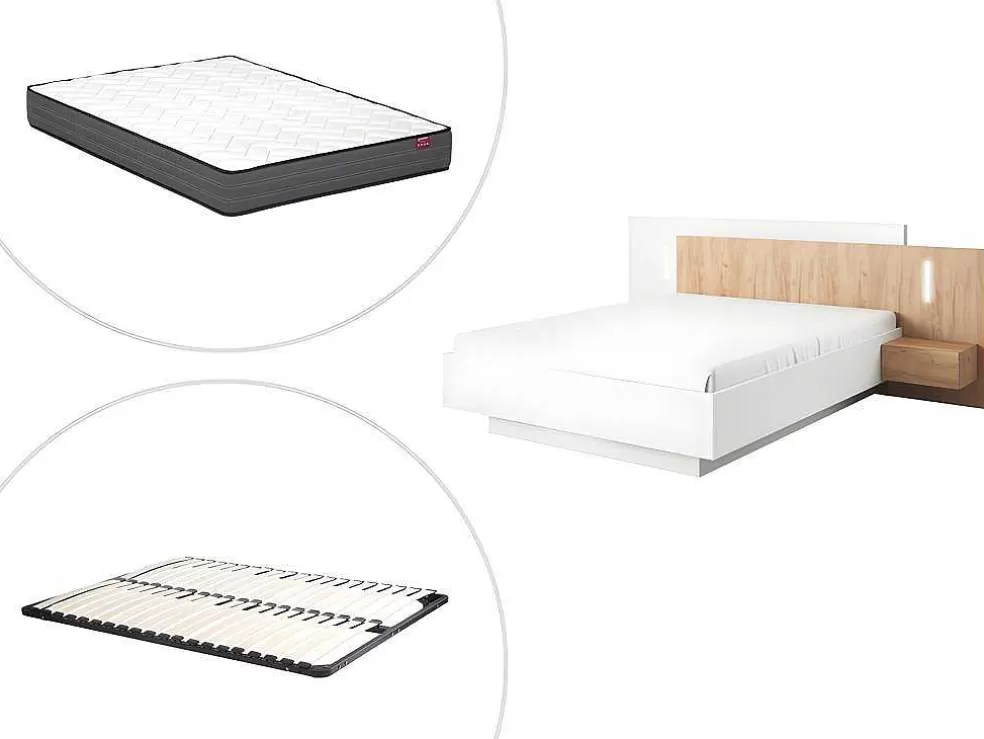 Vente-unique Cama Com Mesas De Cabeceira 160 X 200 Cm, 2 Gavetas, Com Leds, Branco E Natural + Estrado + Colchão - Francoli* Cama De Adulto