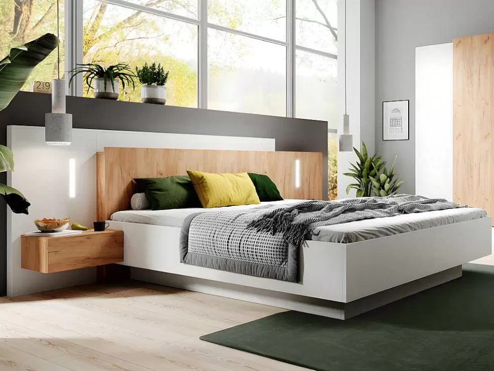 Vente-unique Cama Com Mesas De Cabeceira 160 X 200 Cm, 2 Gavetas, Com Leds, Branco E Natural + Estrado + Colchão - Francoli* Cama De Adulto