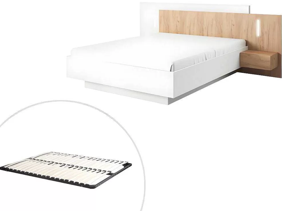 Vente-unique Cama Com Mesas De Cabeceira 160 X 200 Cm, 2 Gavetas, Com Leds, Cor Branco E Natural + Estrado De Ripas - Francoli* Cama De Adulto