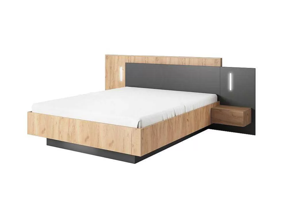 Vente-unique Cama Com Mesas De Cabeceira 160 X 200 Cm, 2 Gavetas, Com Leds, Cor Natural E Antracite + Estrado + Colchão - Francoli* Cama De Adulto